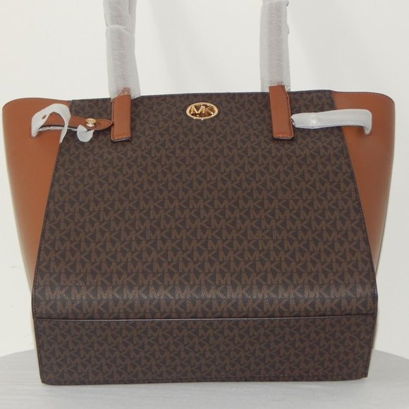NWT $498 MICHAEL KORS CARMEN MK Monogram LARGE TZ BROWN Tote Shoulder BAG - Picture 7 of 10